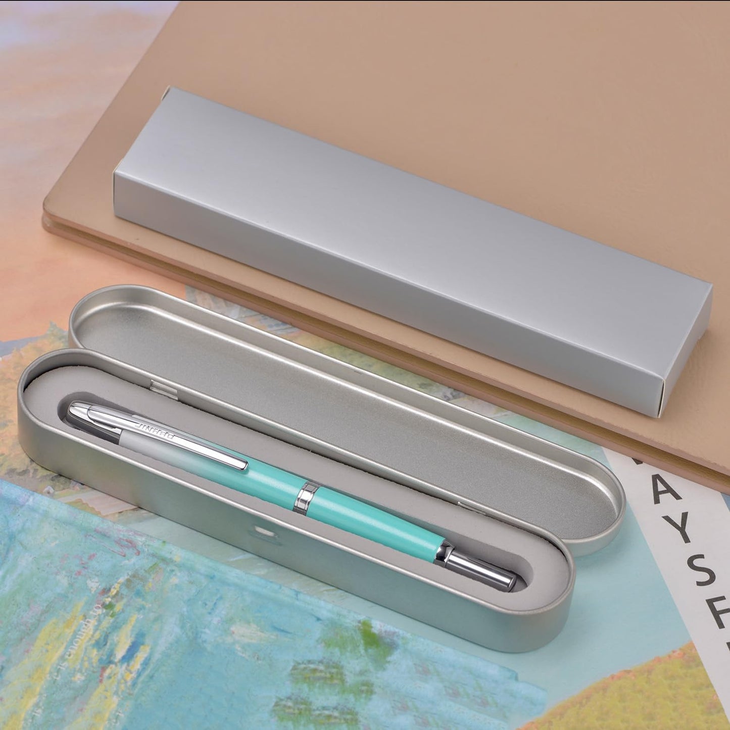 Jinhao 10 Press Fountain Pen with Box, Gradient Mint Green Retractable Extra Fine Nib with Ink Converter Set (Silver Clip)