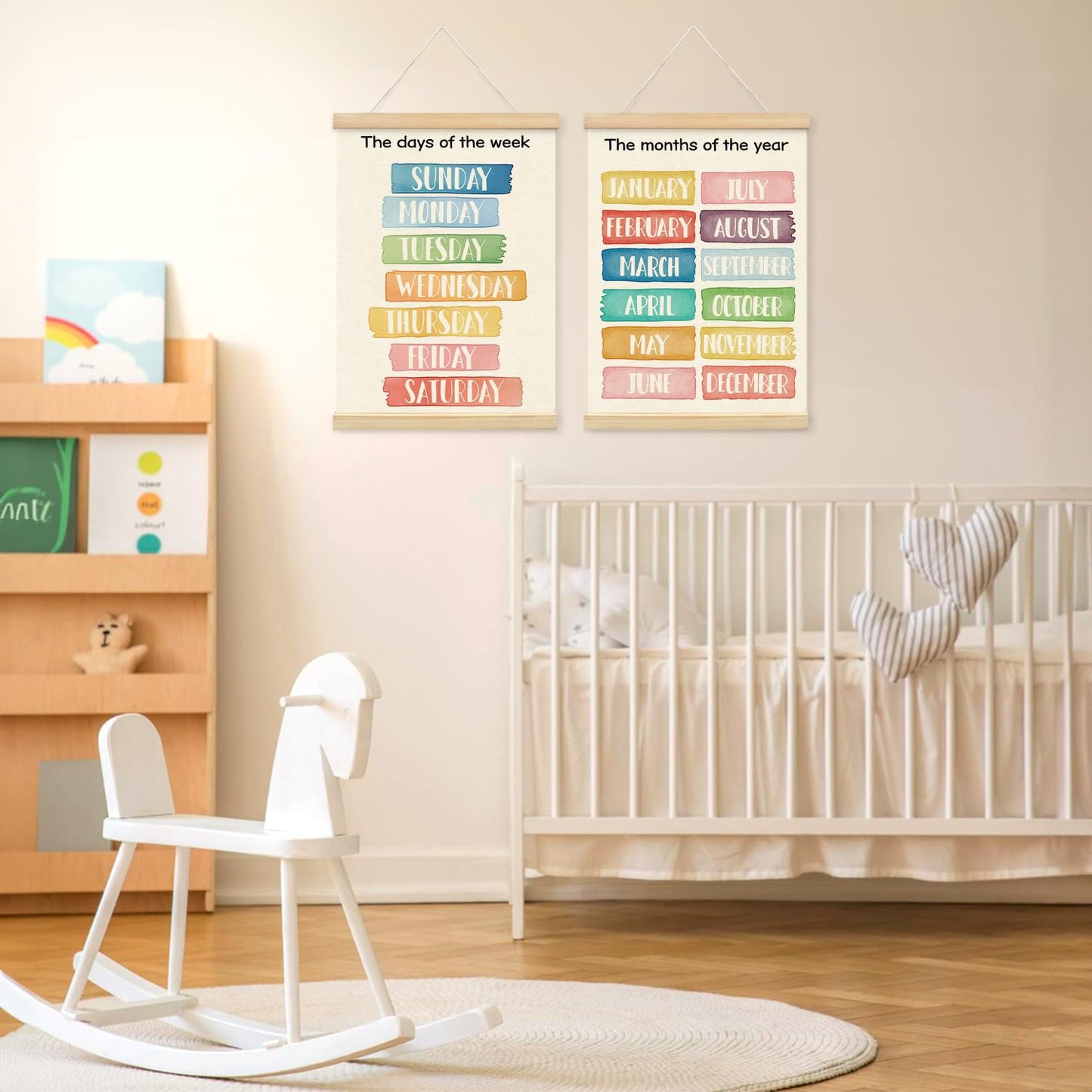 Lacama Week Month Decor Poster Hanger Frame Set of 2, Educational Posters,Preschool Wall Art with Wooden Frames, Boho Classroom Wall Hanging Banner Decor for Toddlers Room Playroom, 12x16 Inch