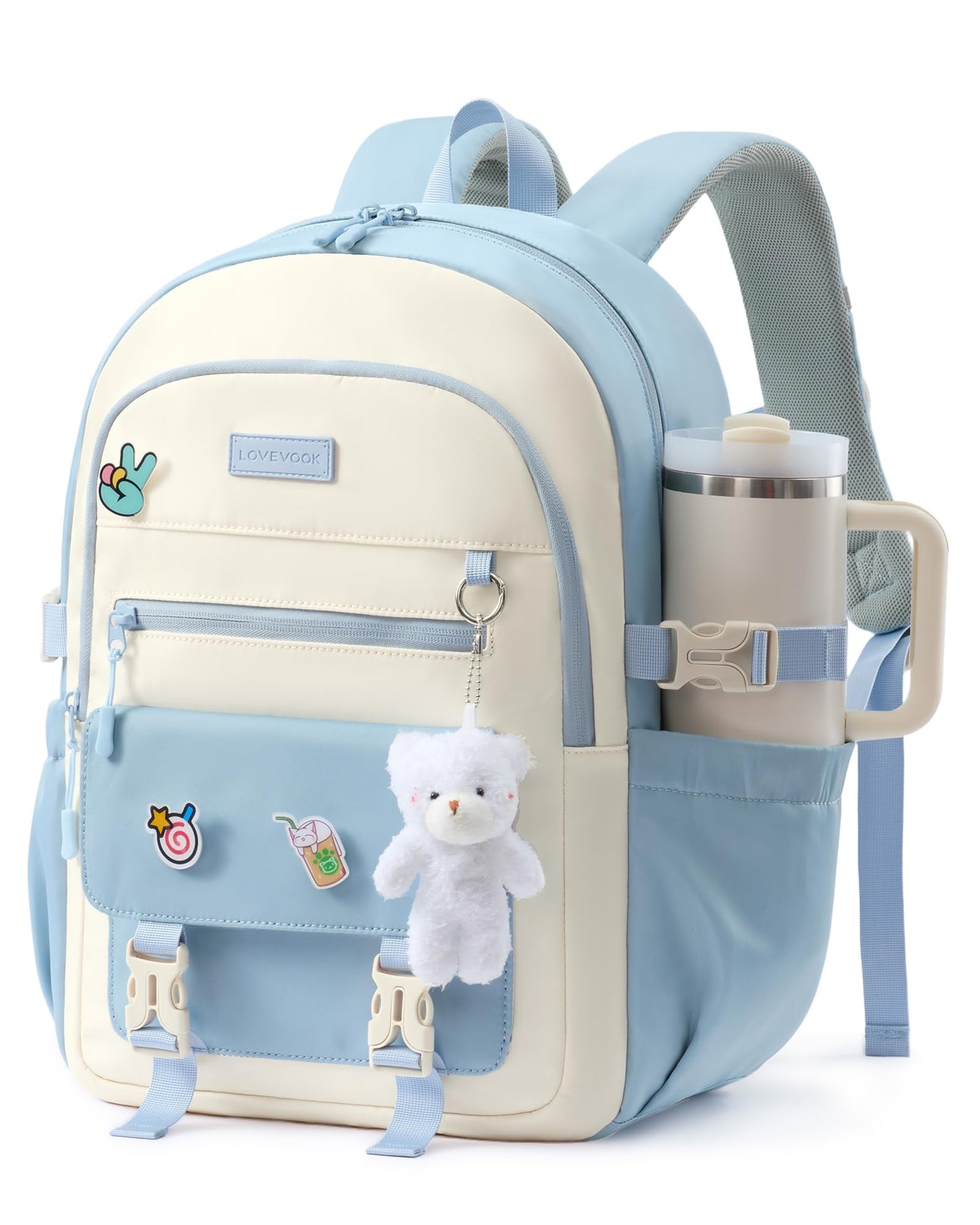 LOVEVOOK School Backpack for Teen Girls, Cute Student Bookbag Fits 15.6 Inch Laptop, Back to School Backpacks for 8-18 Teenager Kid, Large College Travel Back Pack with Water Bottle Holder Blue