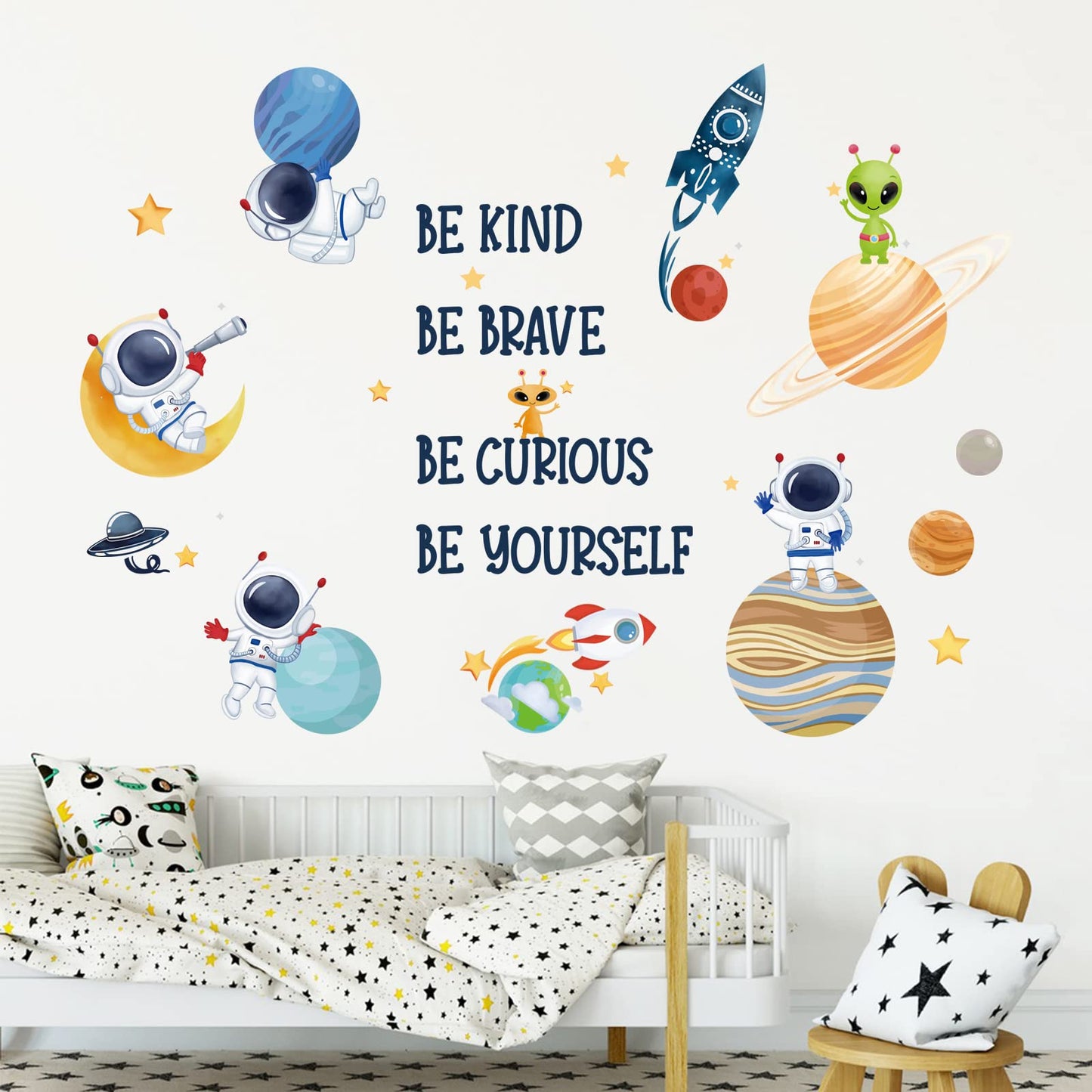 wondever Planets Outer Space Wall Stickers Be Kind Be Brave Inspirational Quote Astronaut Peel and Stick Wall Art Decals for Baby Nursery Kids Bedroom Playroom