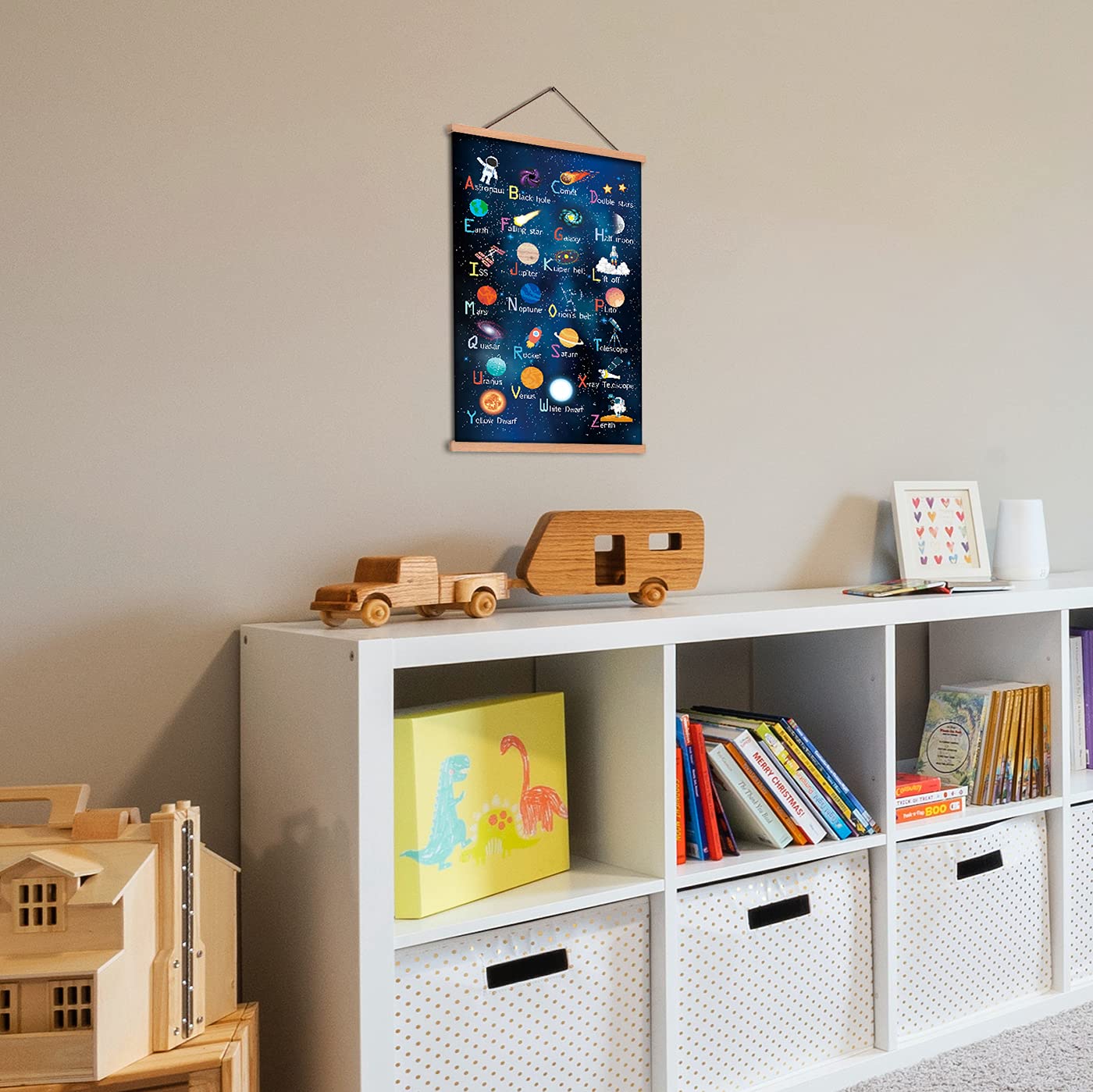 Outer Space Art Print With Wood Magnetic Poster Hanger Frame, Astronomy Alphabet Letters Canvas Wall Art ,Abstract Universe Educational Poster,35X56CM Hanging Painting For Home kids Classroom Decor