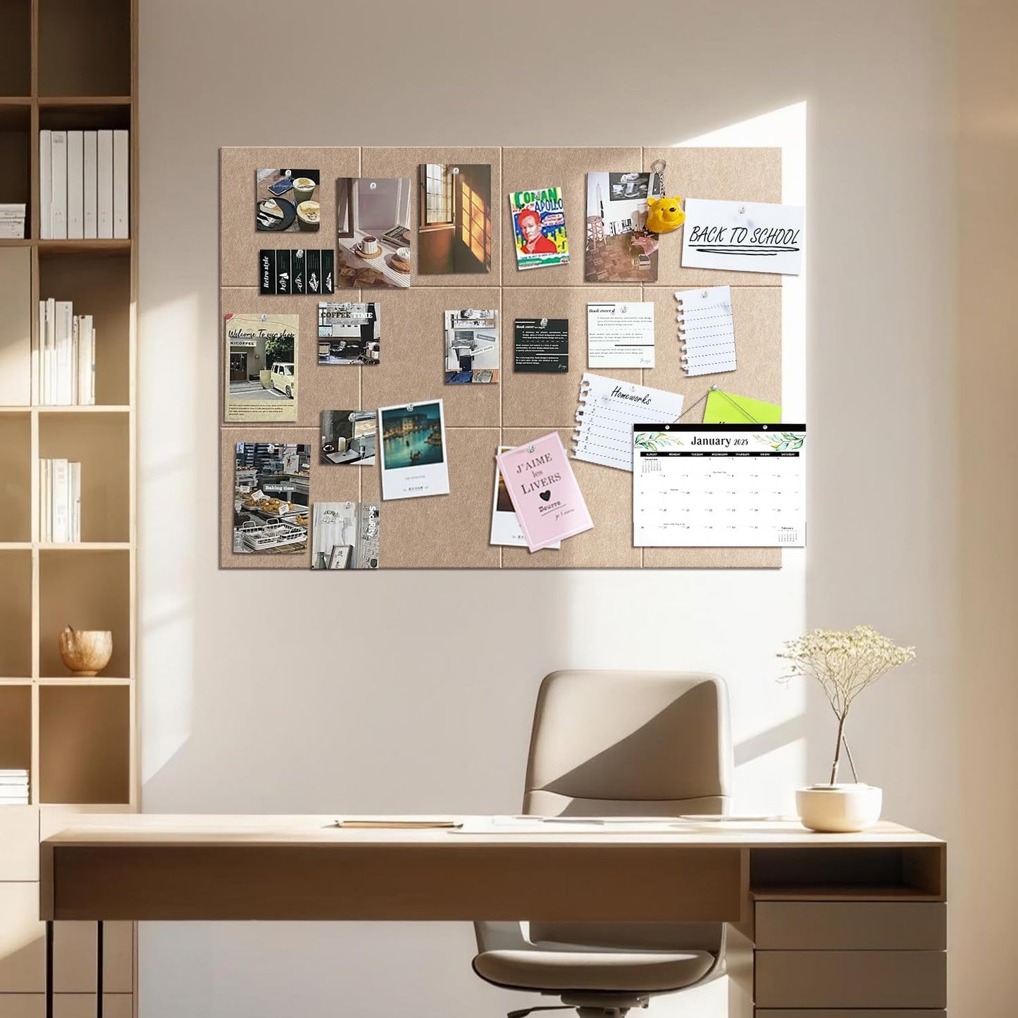 TSJOFFICE Large Cork Board for Wall - 48" x 36" Bulletin Board with 50 Pushpins for Office Decor, Pin Board 12 Pack Felt Wall Tiles with Safe Removable Adhesive Tabs, Corkboard for Home - Dark Camel