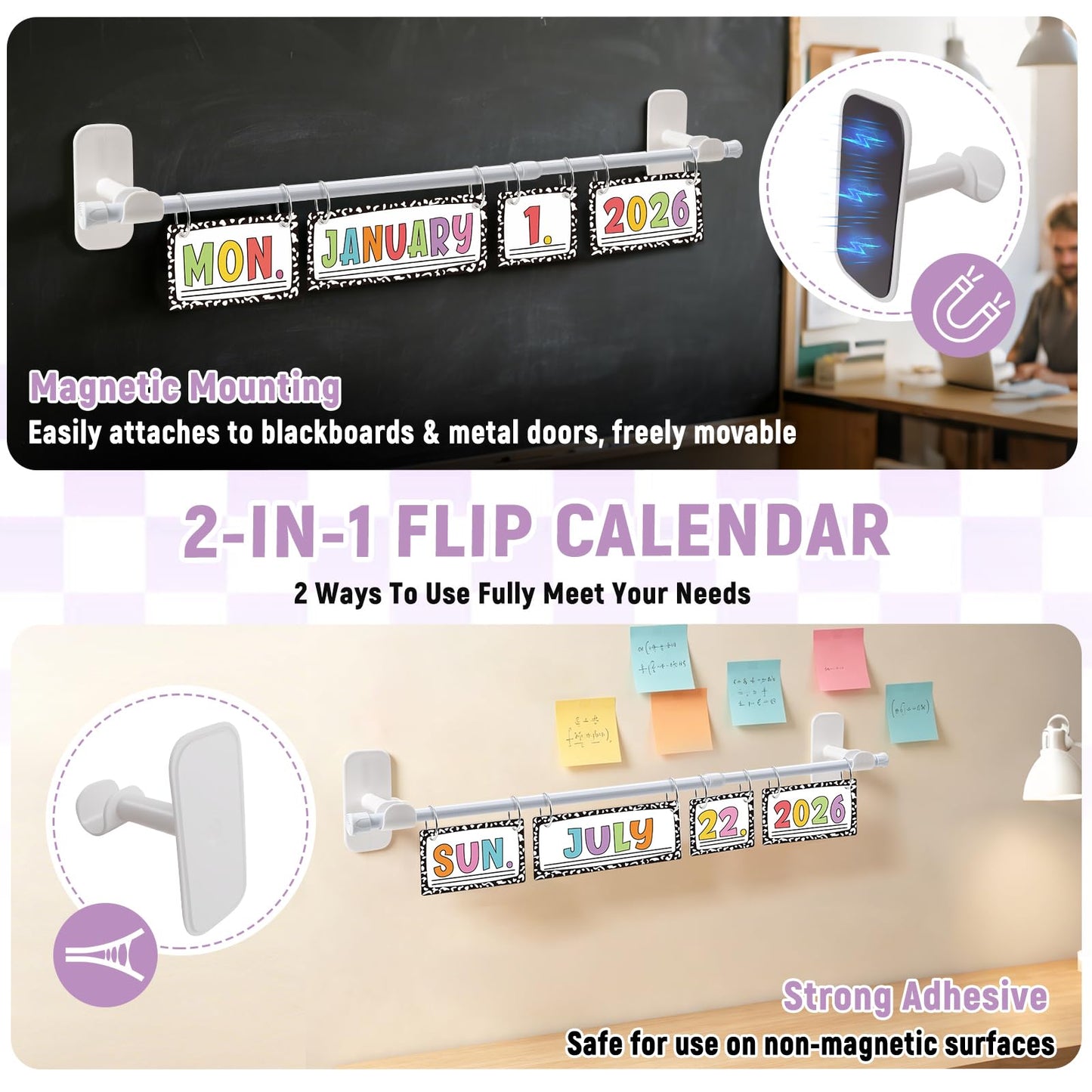 Upgraded 2-in-1 Flip Calendar for Classroom with Magnetic & Adhesive Fixing, Adjustable Magnetic Rod Flip Calendar for Whiteboard, Black and White Classroom Decor Bulletin Board Set (Speckled)