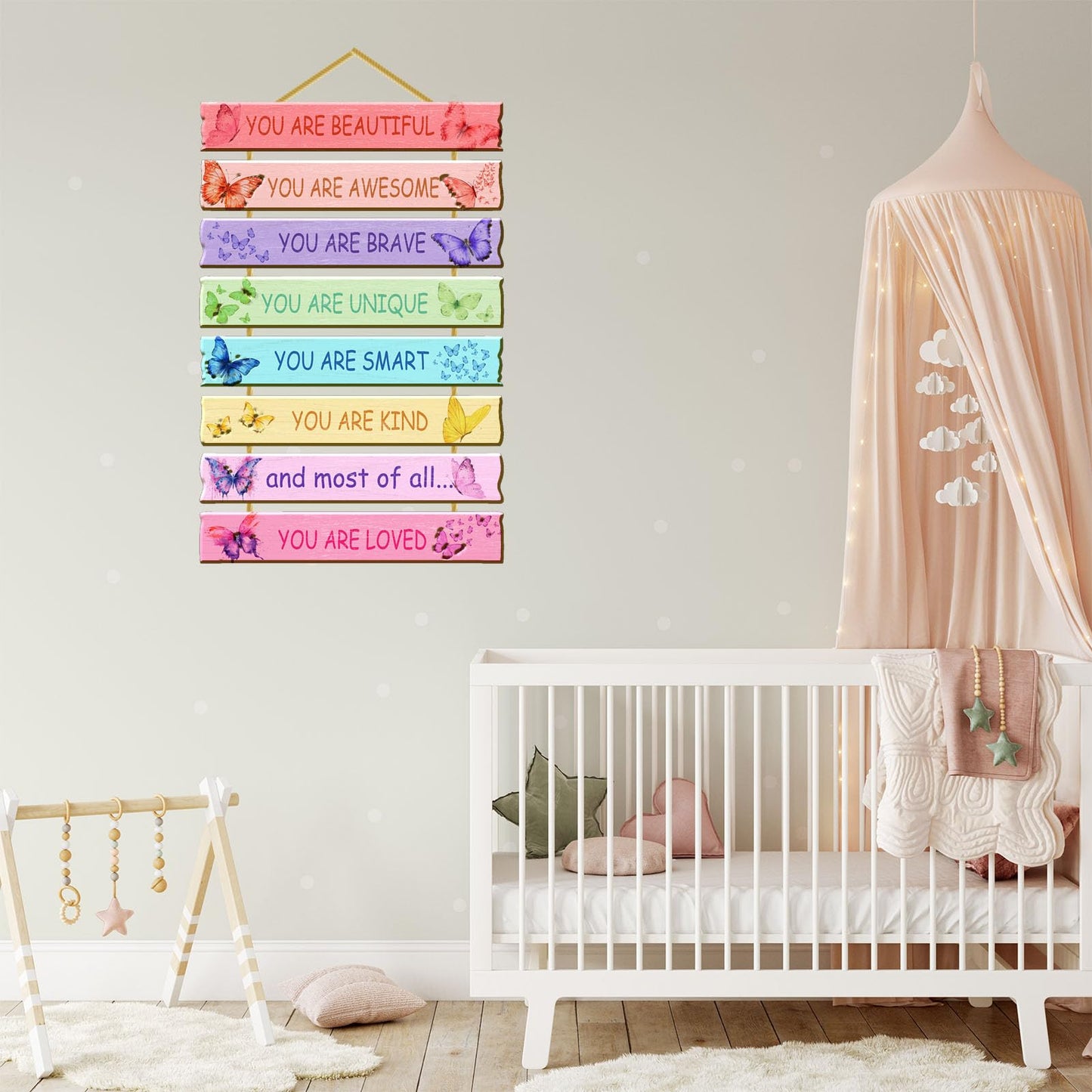 Rutiyoka Butterfly Room Decor for Girls Bedroom Wall Rainbow Inspirational Art Kids Wood Decorations Little Girl Nursery Toddler Sign