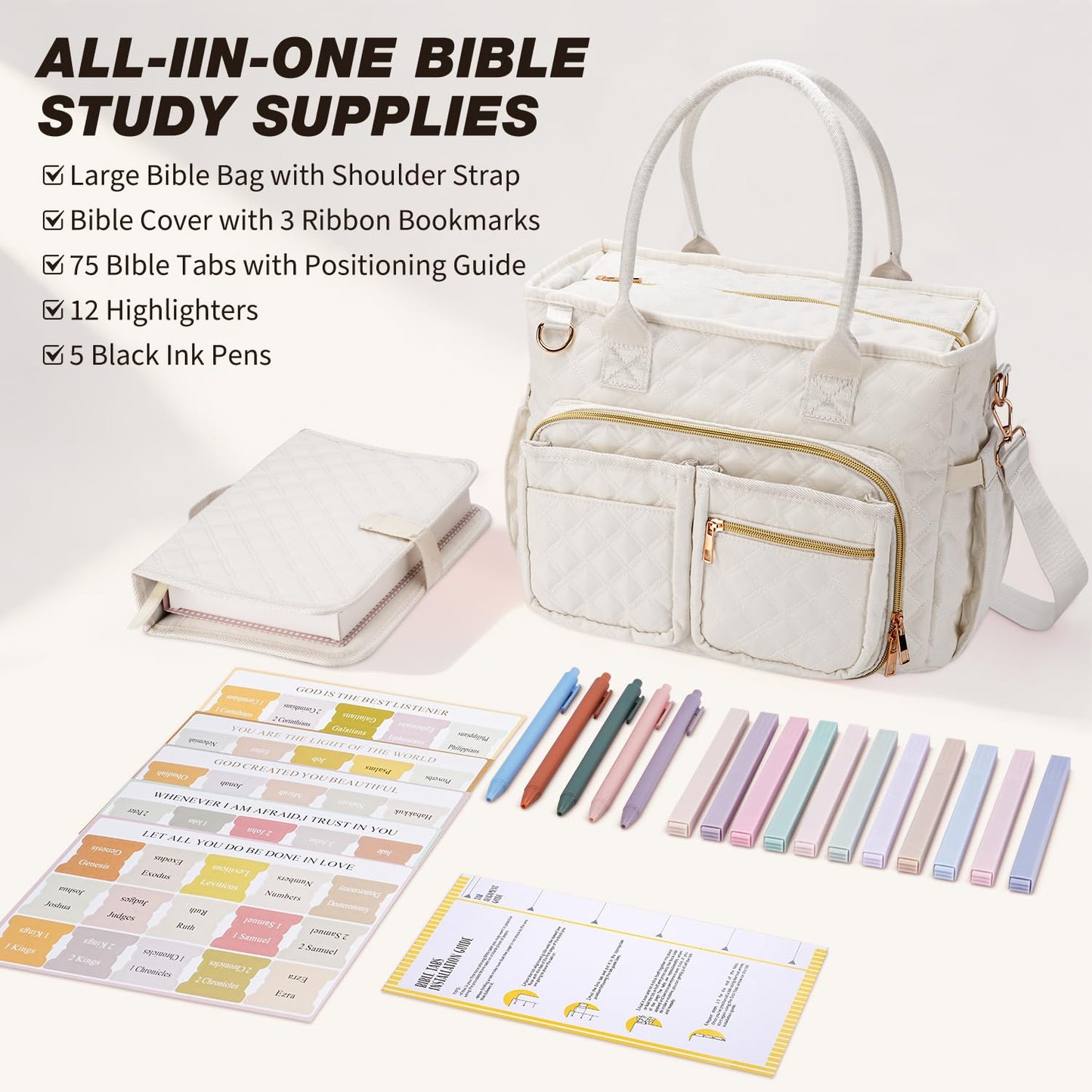 KOPKOFT Large Bible Cover Case for Women, Quilted Church Tote Bag with Shoulder Strap, Bible Study Supplies Journaling Kit Bible Accessories, Christmas Christian Gift for Women (Beige)