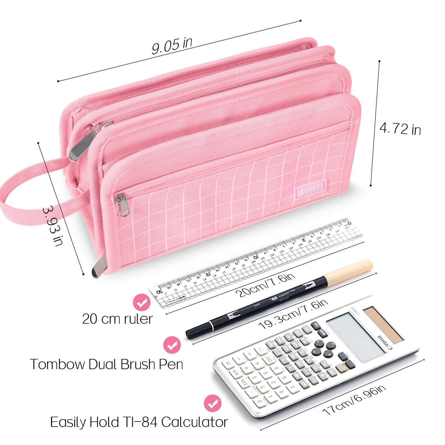 Sooez Large Pencil Case, Big Capacity Pencil Pouch Pen Bag with 3 Compartment, Portable Canvas Stationery Organizer with Zipper, Cute Aesthetic School Supplies for Teen Girls College, Pure Purple