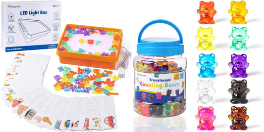 Odoorgames Education Light Box-100 Pcs Translucent Bear Counters - 10 Colors - Kindergarten Classroom & Light Table Manipulatives, Counting Animals and Color Sorting Bears for Kids