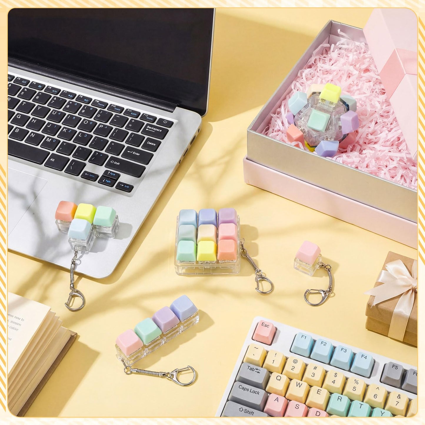 Halloscume 5 Pcs Keyboard Adult Fidget Clicker in 5 Styles Keyboard Fidget Keychain Cube Mechanical Key Button Clicker Stress Relief Gift for Office Home Pass Time(Macaron Colors)