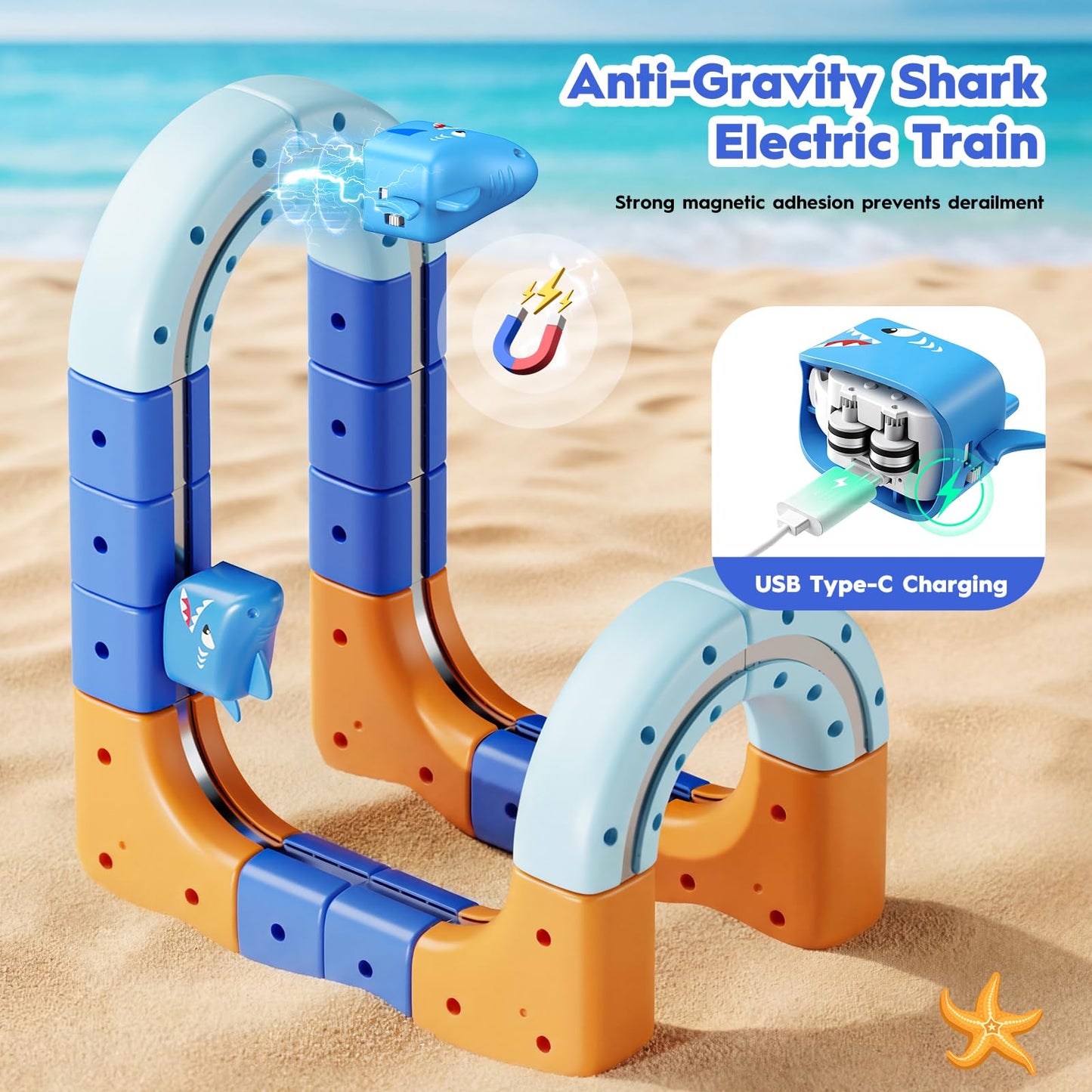 SnapGlowz 193PCS Magnetic Train Set: Shark Toys 3D Infinity Racer Electric Train Set for Kids Flexible Cube Rail Train Track with Anti-Gravity Train STEM Toys Gifts for 3 4 5 6 7 8 Year Old Boys Girls