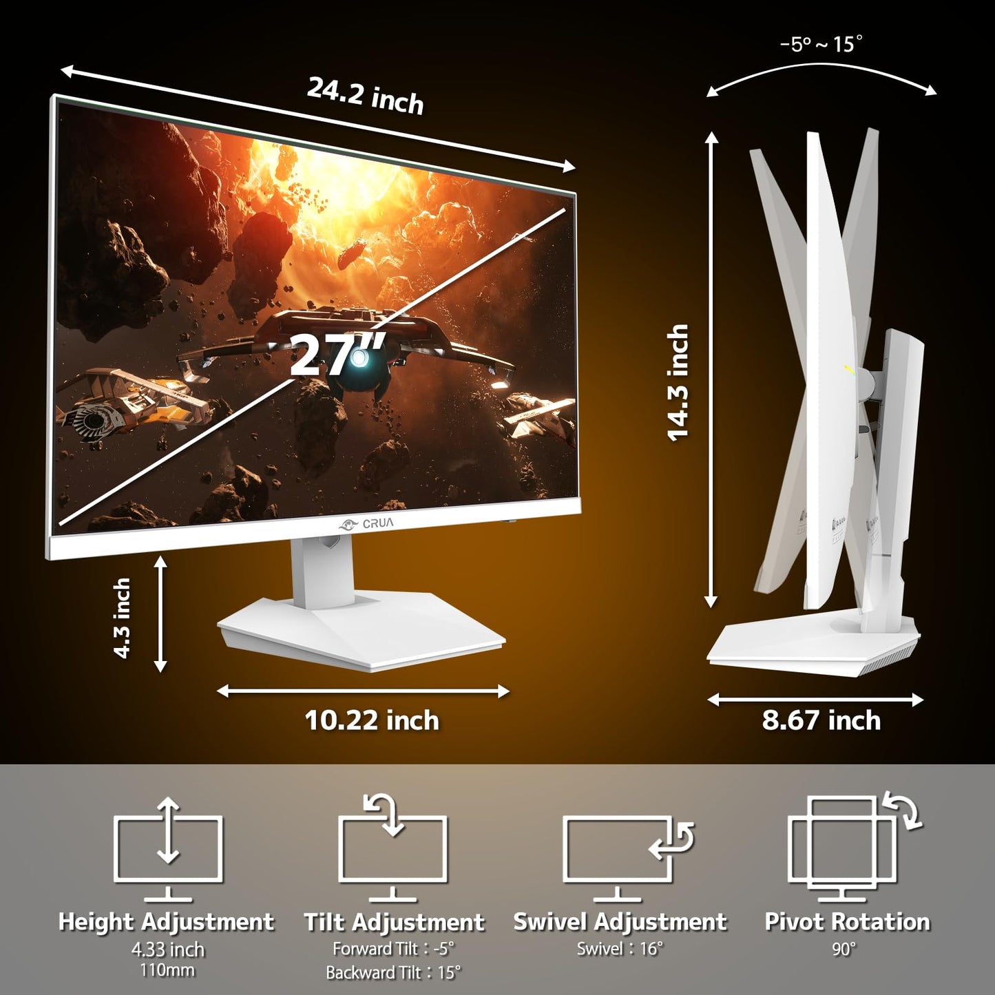 CRUA 27'' 4K Gaming Monitor, UHD 160Hz / FHD 320Hz Dual Mode IPS White Computer Monitors, Rotating/Pivot & Height-Adjustable, AMD FreeSync, Built-in Speakers, PIP/PBP, HDMI 2.1 & DP 1.4