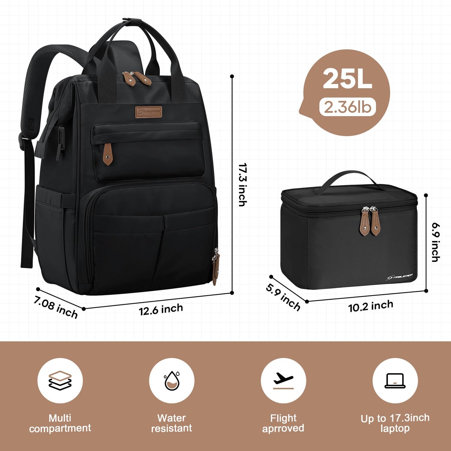Maelstrom Travel Backpack for Women Men,Laptop Backpack Fits 15.6-17.3 Inch Laptop, Nurse/Work Bag with Insulated Lunch Box (Black)