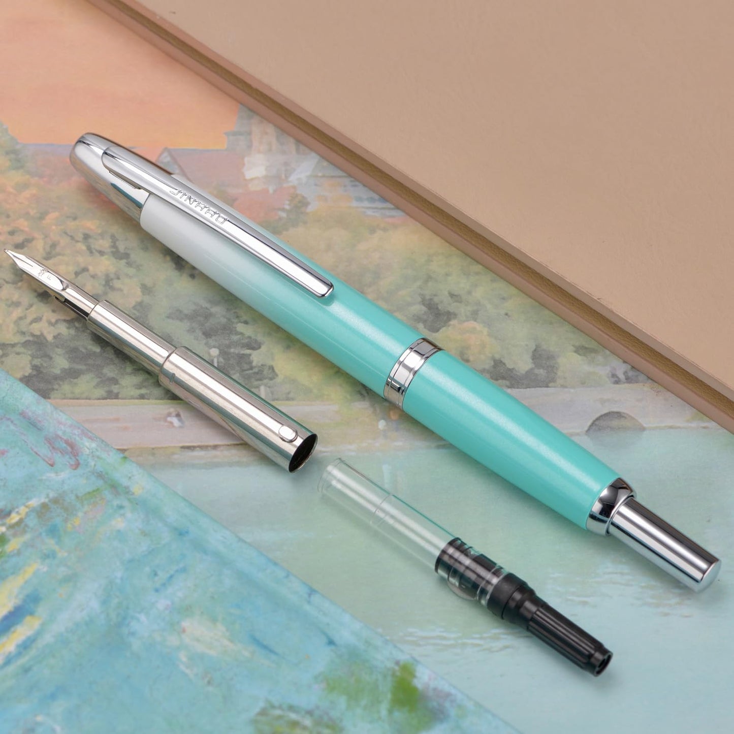 Jinhao 10 Press Fountain Pen with Box, Gradient Mint Green Retractable Extra Fine Nib with Ink Converter Set (Silver Clip)