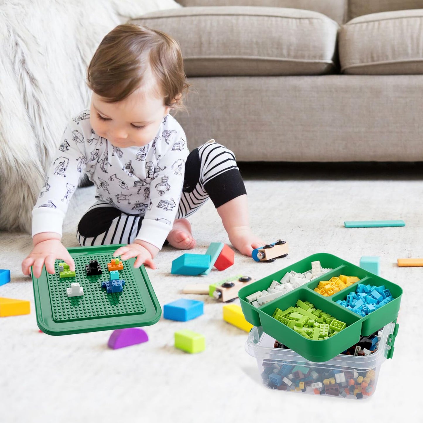 OGANAZI Toy Organizer with Bricks Baseplate Lid for Building Blocks, Bricks Building Set Organization Bin with Compartments Tray, Stackable Storage Box Building Block Chest Case (Green)