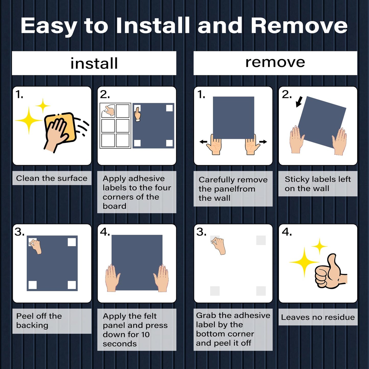 Large Felt Bulletin Board，47.2" x 35.4" 12 Pack Cork Board Alternative for Walls,Felt Wall Tiles for Office & Home Decor,Pin Board with 30 Pcs Pushpins and 72 Adhesive Tabs-Navy Blue