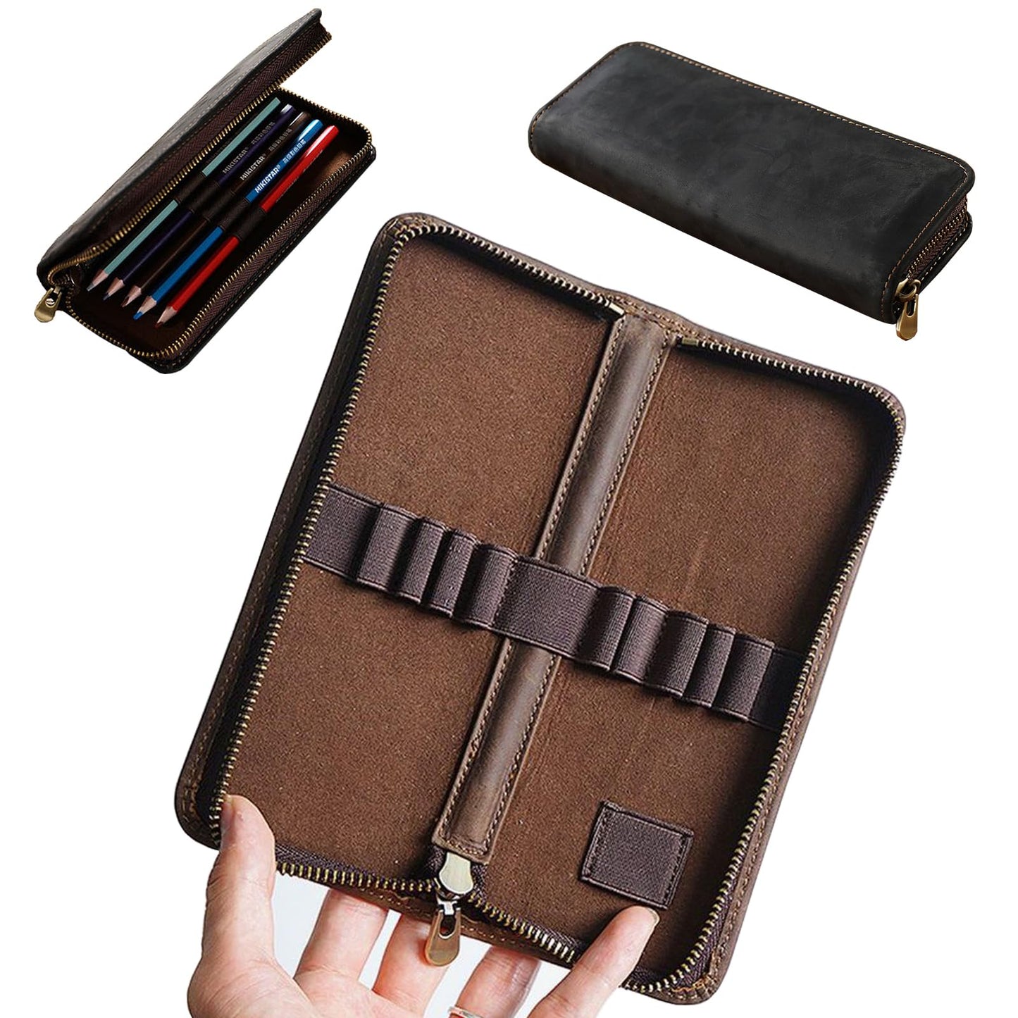 MIVLXLX Leather Pencil Case Organizer, 10 Wooden Pencils Portable Pen Case Storage for Drawing Pencils and Markers (black)