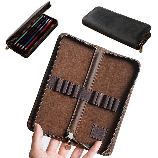 MIVLXLX Leather Pencil Case Organizer, 10 Wooden Pencils Portable Pen Case Storage for Drawing Pencils and Markers (black)