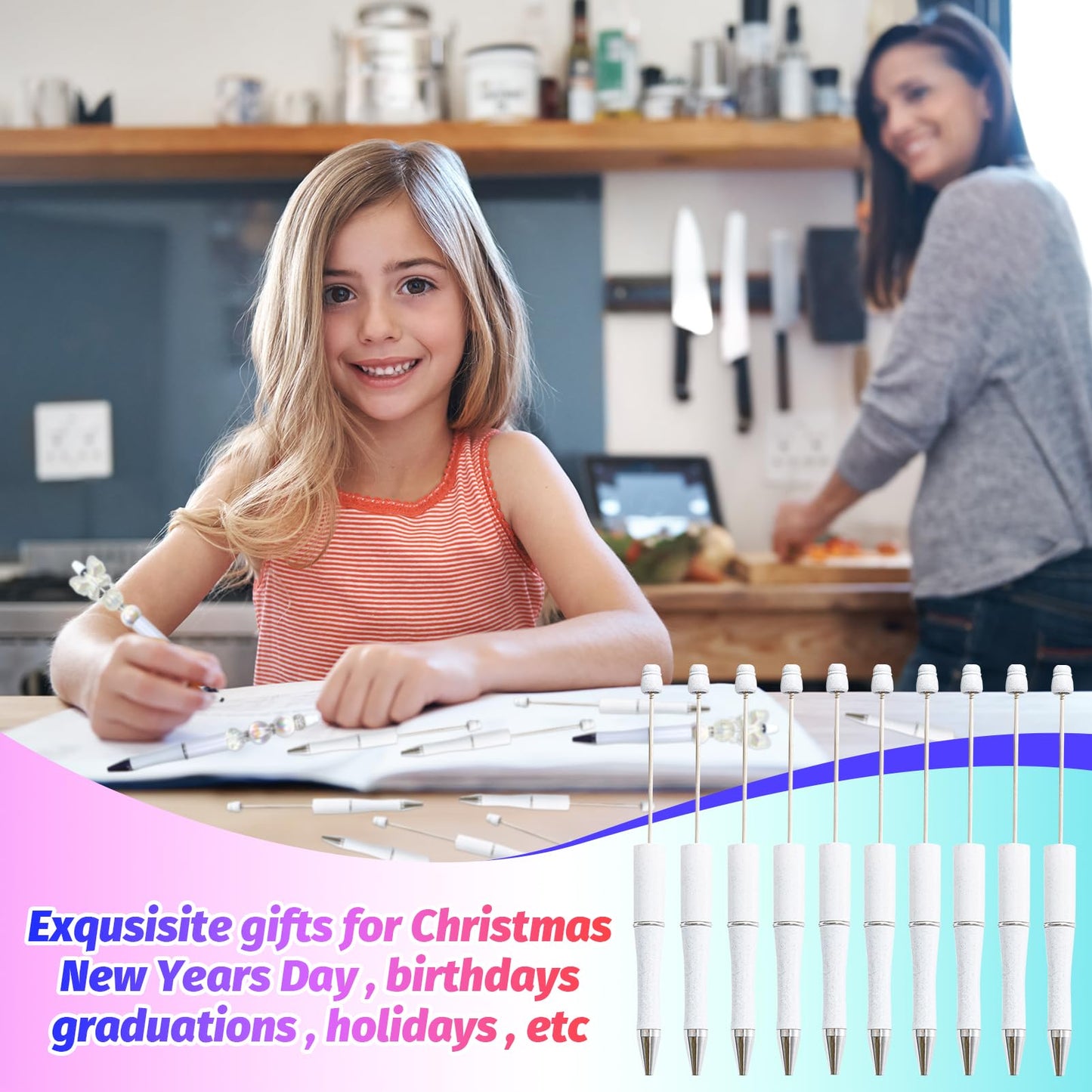 DASTTUIS 150 Pieces DIY Beadable Pen Kit – 50 Plastic Ballpoint Pens with Refills & Bags – School Supplies, Office Accessories & Decorative Items for Students & Teachers （White）