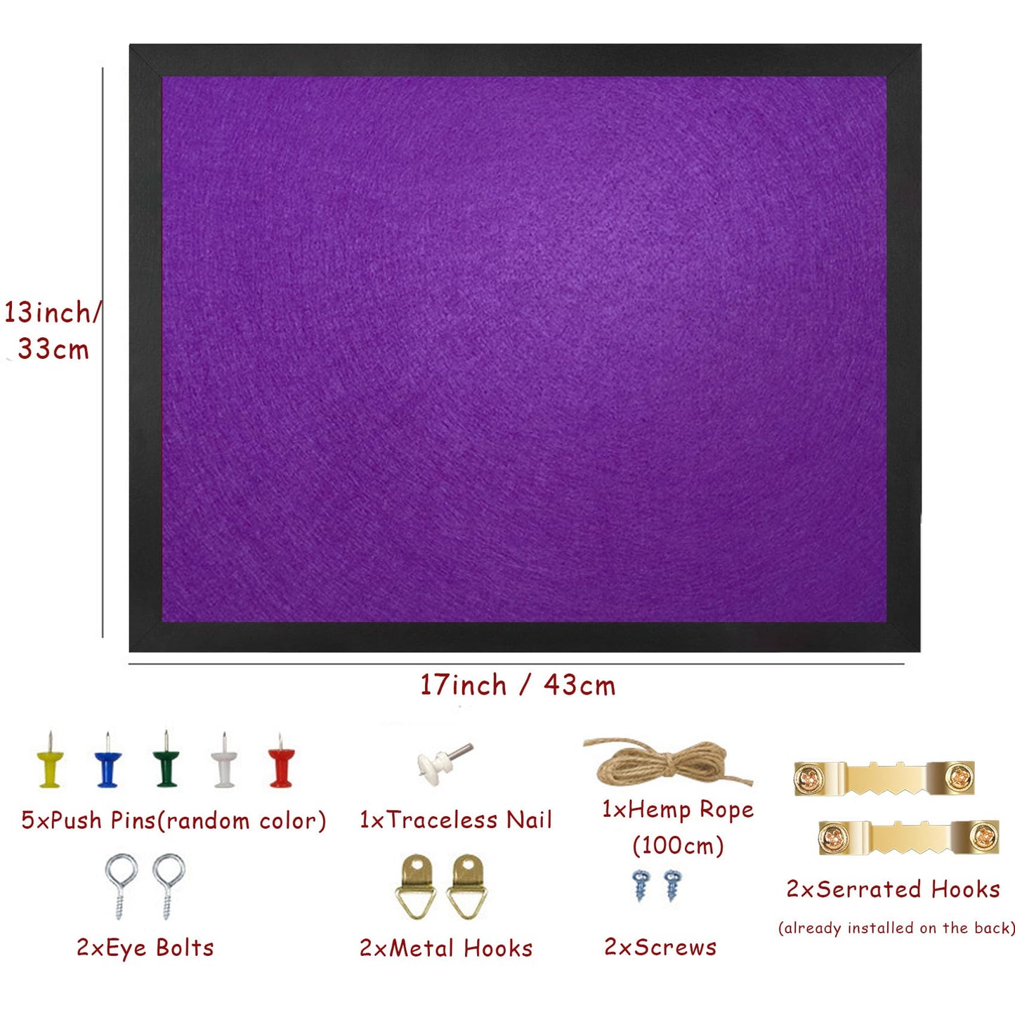 Origreen Bulletin Board Cork Boards with Felt, 17"x13" Small Display Pin Board Vision Board for Walls, Jewelry, Notes, Collection, Photos, Office, Wood Framed(Black) & Felt(Purple), 1pc