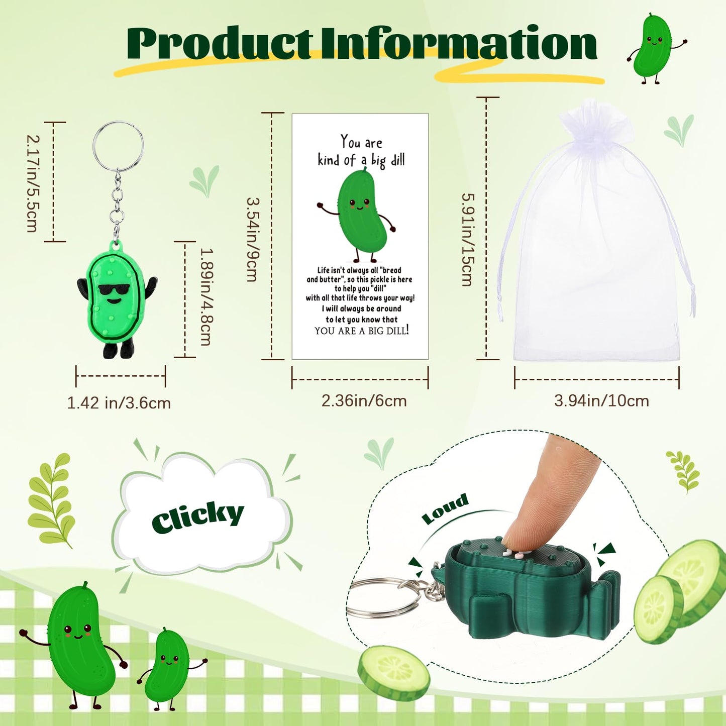 Gerrii 24 Sets Green Cucumber 3D Fidget Keychains with Inspirational Cards Bulk 3D Press Stress Relief Sensory Keychain Gifts Employee Appreciation Positive Gifts for Coworkers Teacher