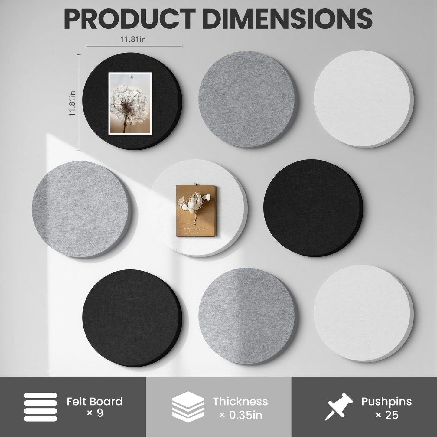 Bulletin Board, 11.8'' X 11.8'' Cork Board Alternative, 9 Pack Round Felt Board with Pushpins, Decorative Felt Notice Vision Board Photo Display Board for Office Home School Wall