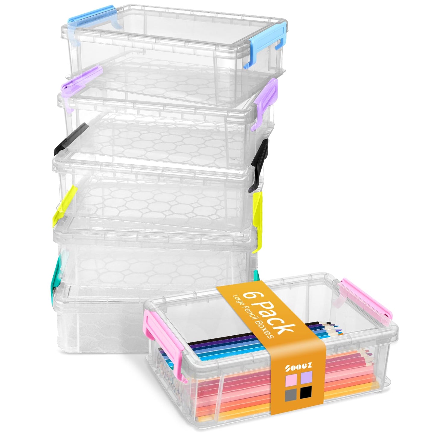 Sooez 6 Pack Extra Large Pencil Box, Plastic Hard Pencil Case Crayon Box Bulk, Clear Marker Organizer Plastic Containers with Lid, Stackable Storage Boxes for Art Craft, Back to School Supplies, Multi