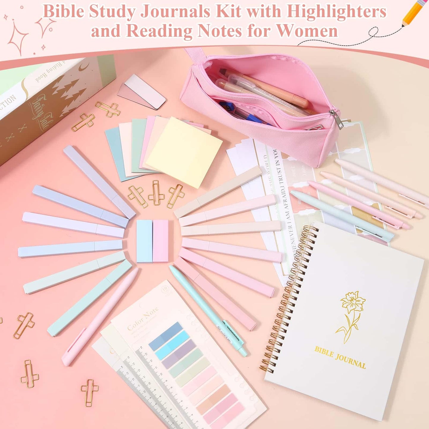 Flasoo 106 Pack Bible Study Supplies Journaling Kit for Women, Church Journal Note Taking Annotation Kit, Tabs and Highlighters Set with Pencil Case and More Bible Accessories Christian Gift