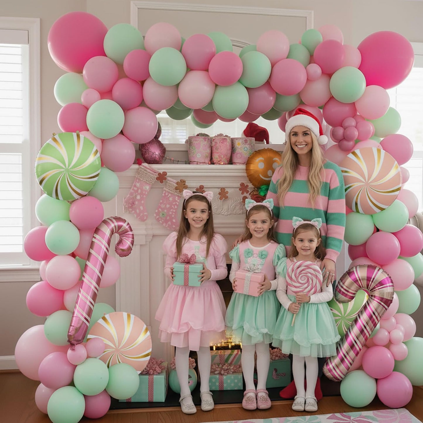 Christmas Balloon Garland Arch kit light magenta green pink balloon with Gingerbread Balloon Cane Candy Foil Balloons for Christmas Party Decorations Xmas New Year Birthday Party Supplies
