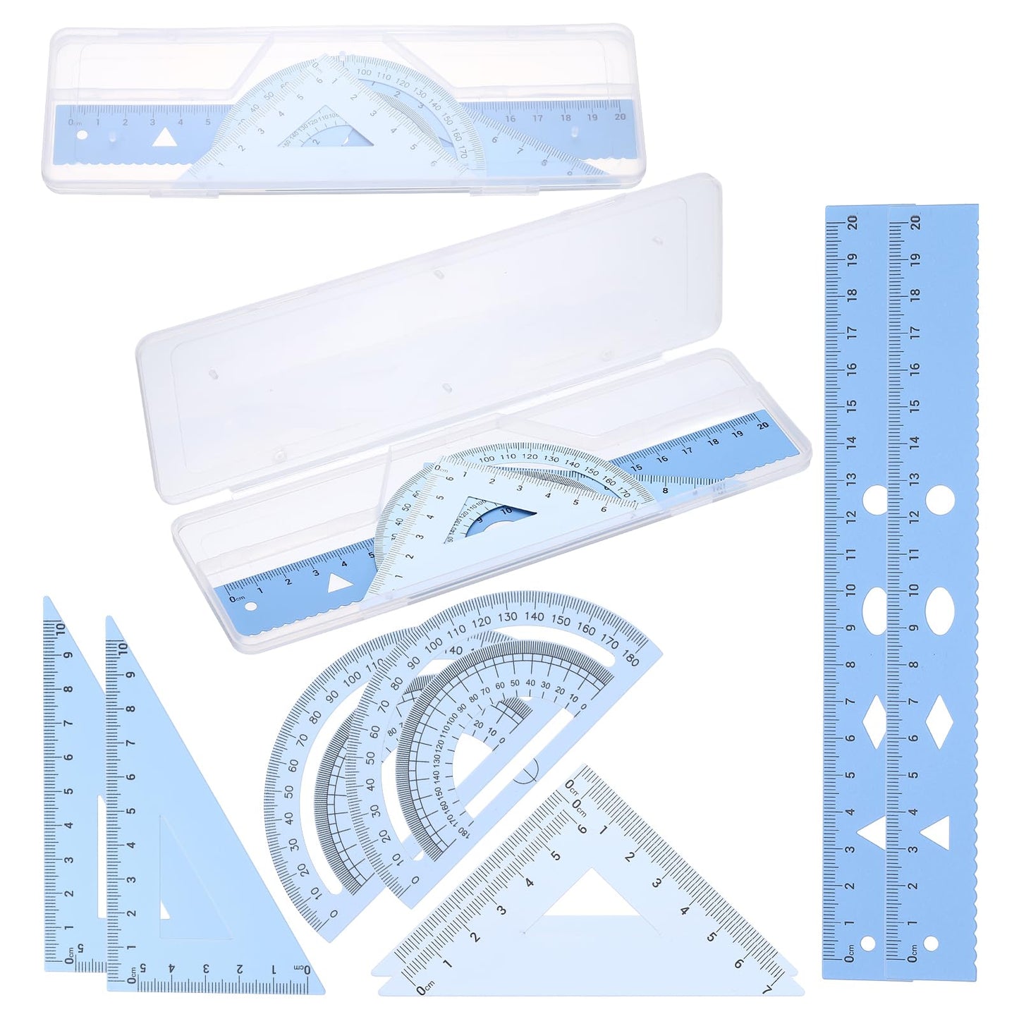 PATIKIL Geometry Set, 2 Pack 8 Inch Aluminum Ruler & 4 Triangles, Metal Protractor Ruler Math Drafting Measuring Tool for Home Office Math Drawing Engineering Art,Gradient Blue