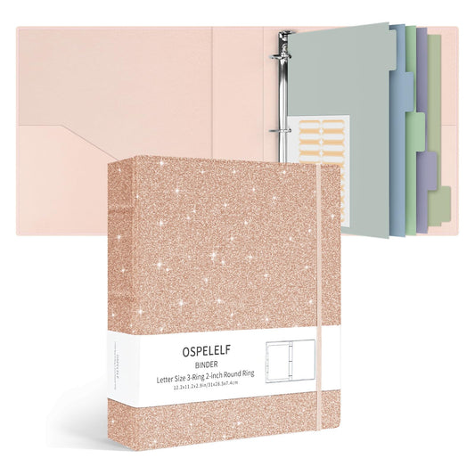 Ospelelf Vintage Hardcover 3 Ring 2 inch Leather Binder, Professional Binders Organizer Suitable for Letter Size Documents, Binder Dividers with Tabs, Faux Glitter Pink Leather