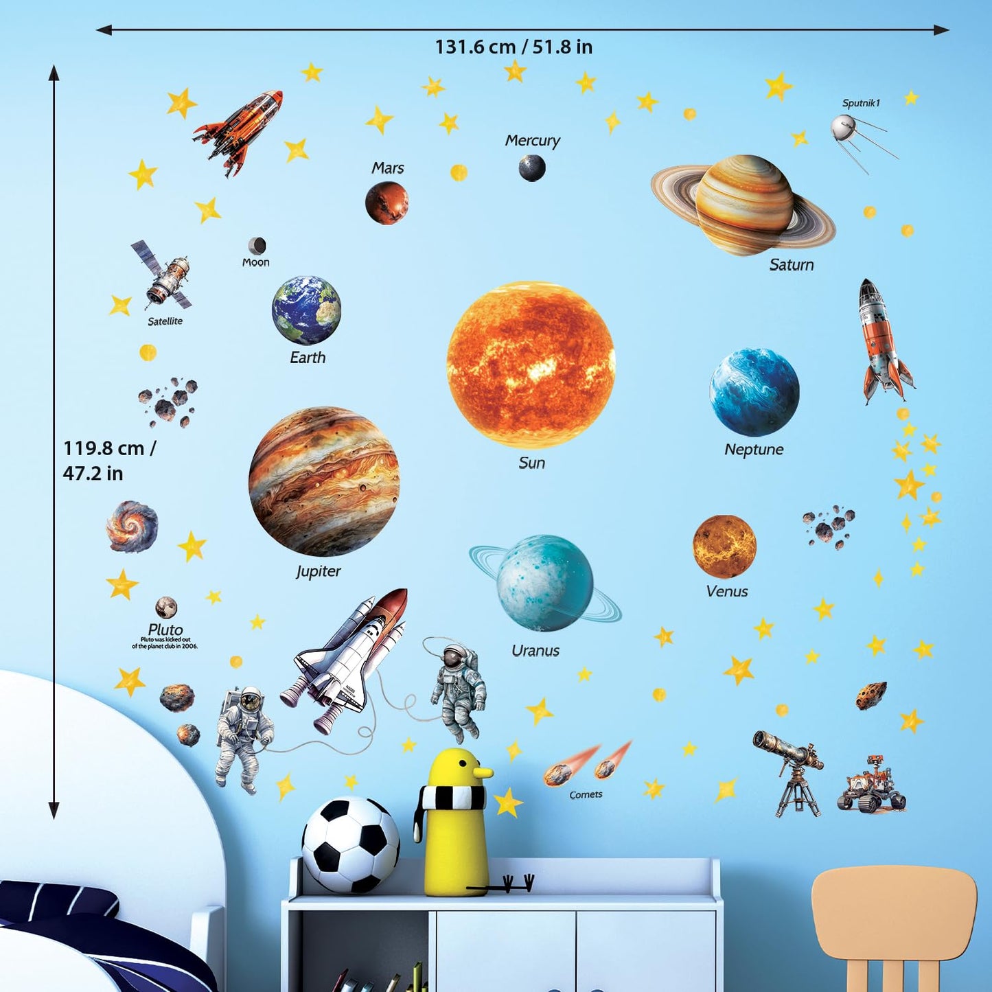 DECOWALL DS12-8077 Solar System Wall Stickers for Kids Room Décor Space Wall Decals for Bedroom Educational Removable Art Murals Decorations Living Ceiling Galaxy Planets Boys Stars