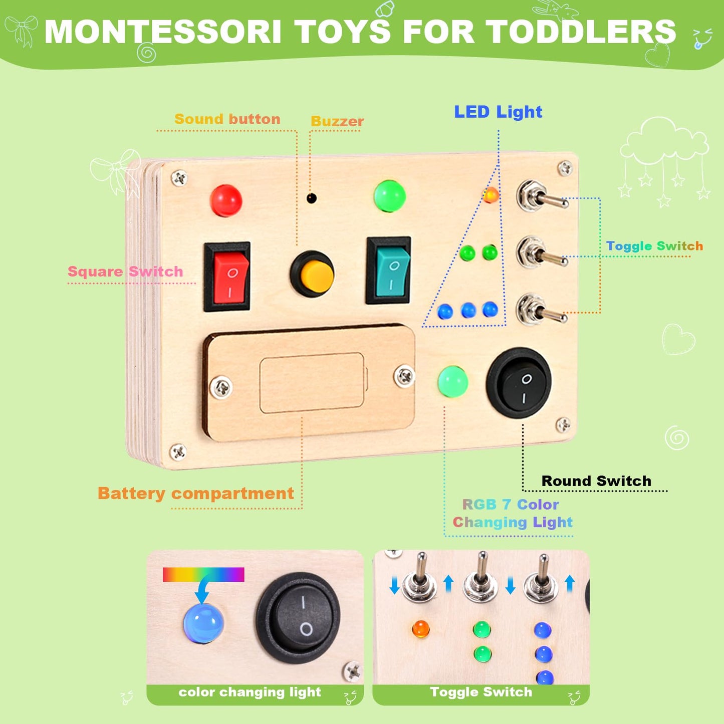 Espamig Busy Board Toddler Montessori Led Light Switch Busy Board Autism Sensory Wall Panel Fidget Board Wooden Toys for Toddlers 1-3