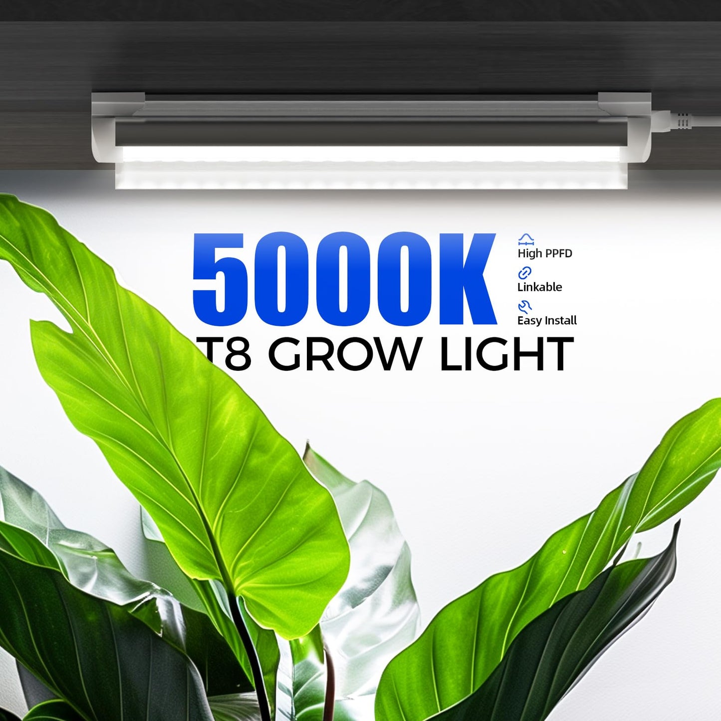 Barrina T8 Grow Light Strip, 5000K Full Spectrum, V-Shape with Reflector, 1FT, 60W, Linkable, White, Model QC12, 4