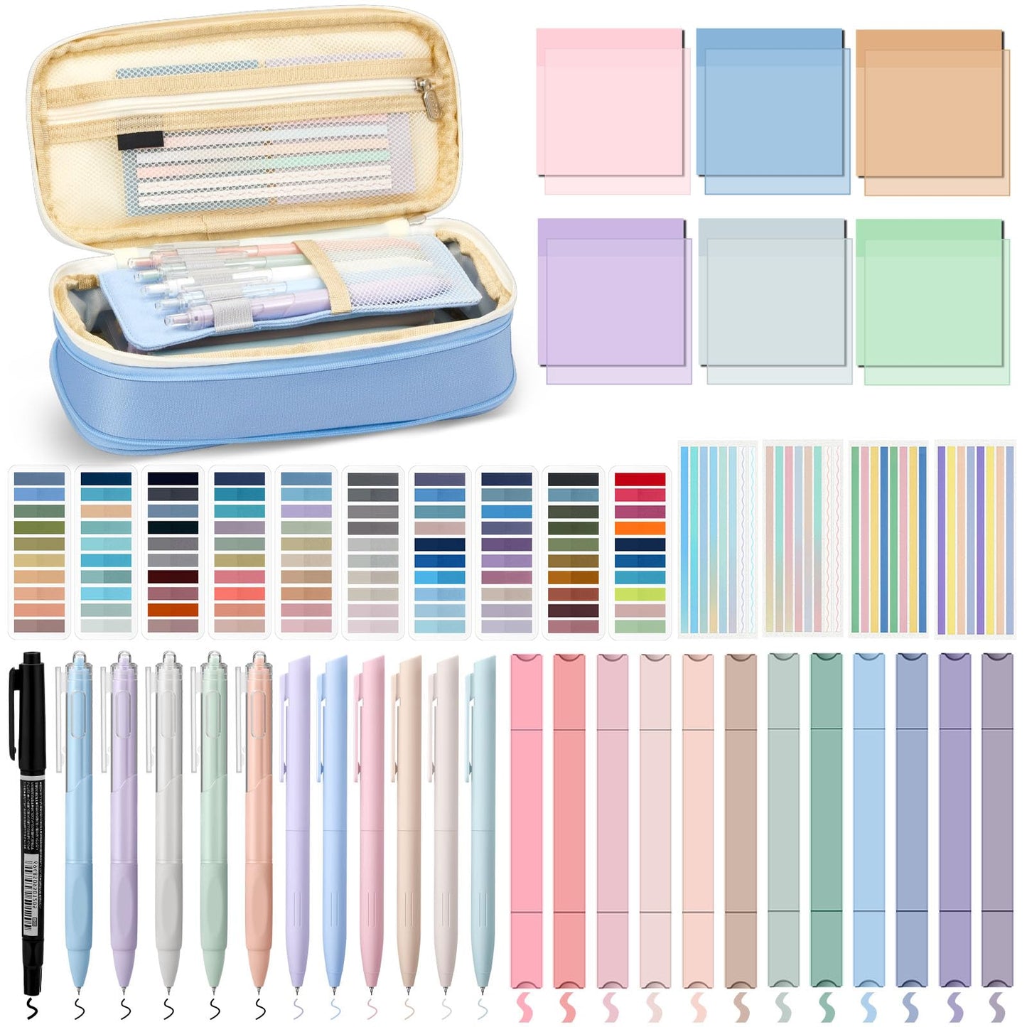 Trandraft 135 Pcs Book Annotation Kit with Pencil Case, 12 Pastel Highlighters, 11 Gel Pens, Fine Marker, 300 Transparent Sticky Notes, 2640 Index Tabs, Bible Study Supplies Kit(Classic,Light Blue)