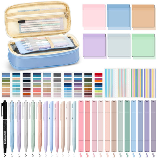 Trandraft 135 Pcs Book Annotation Kit with Pencil Case, 12 Pastel Highlighters, 11 Gel Pens, Fine Marker, 300 Transparent Sticky Notes, 2640 Index Tabs, Bible Study Supplies Kit(Classic,Light Blue)