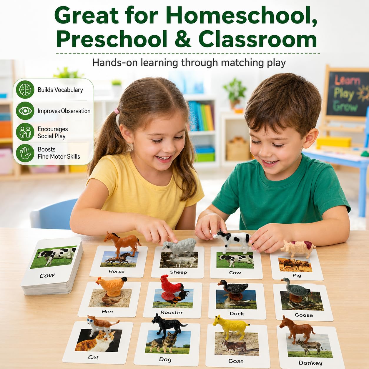 Montessori Farm Animal Matching Game, 12PCS Realistic Farm & Poultry Animal Figurines with Flash Cards, Preschool Educational Learning Toys for Toddlers Kids, Homeschool Language Sensory Toy