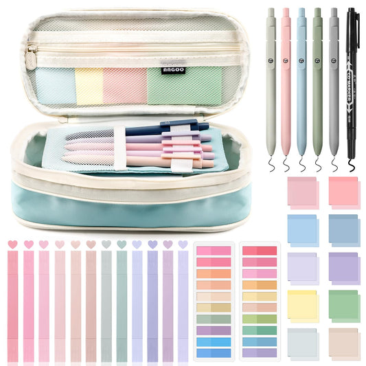 KOUDGY 49Pcs Book Annotation Kit - Aesthetic School Supplies with Cute Pen Case Highlighters Gel Pens and Marker, Sheets Transparent Index Tabs Sticky Notes Bible Study Supplies(Light Blue)