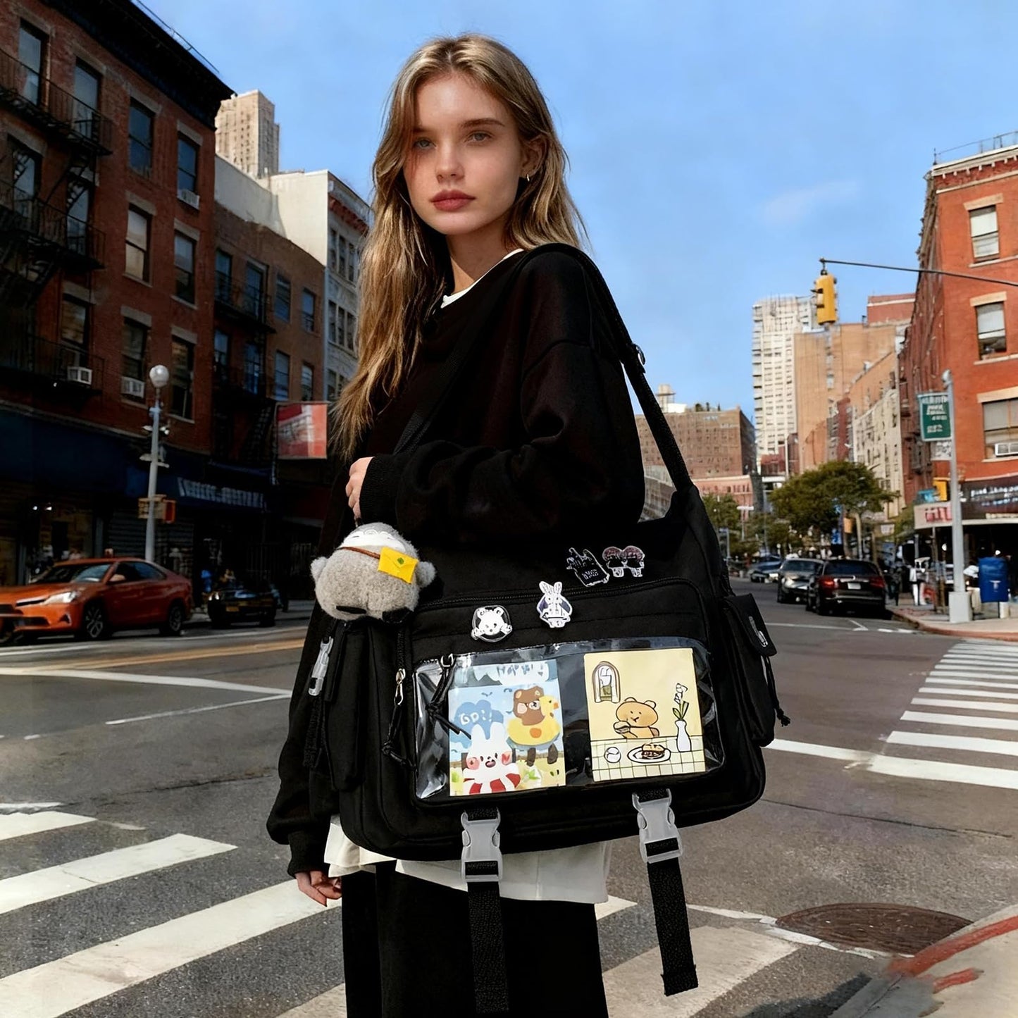 Kawaii Crossbody Ita Bag for Women with Pin and Plush Penguin, Cute Messenger Bag Japanese Crossbody Bag Y2K Purse Black Fit 15.6 Inch Laptop