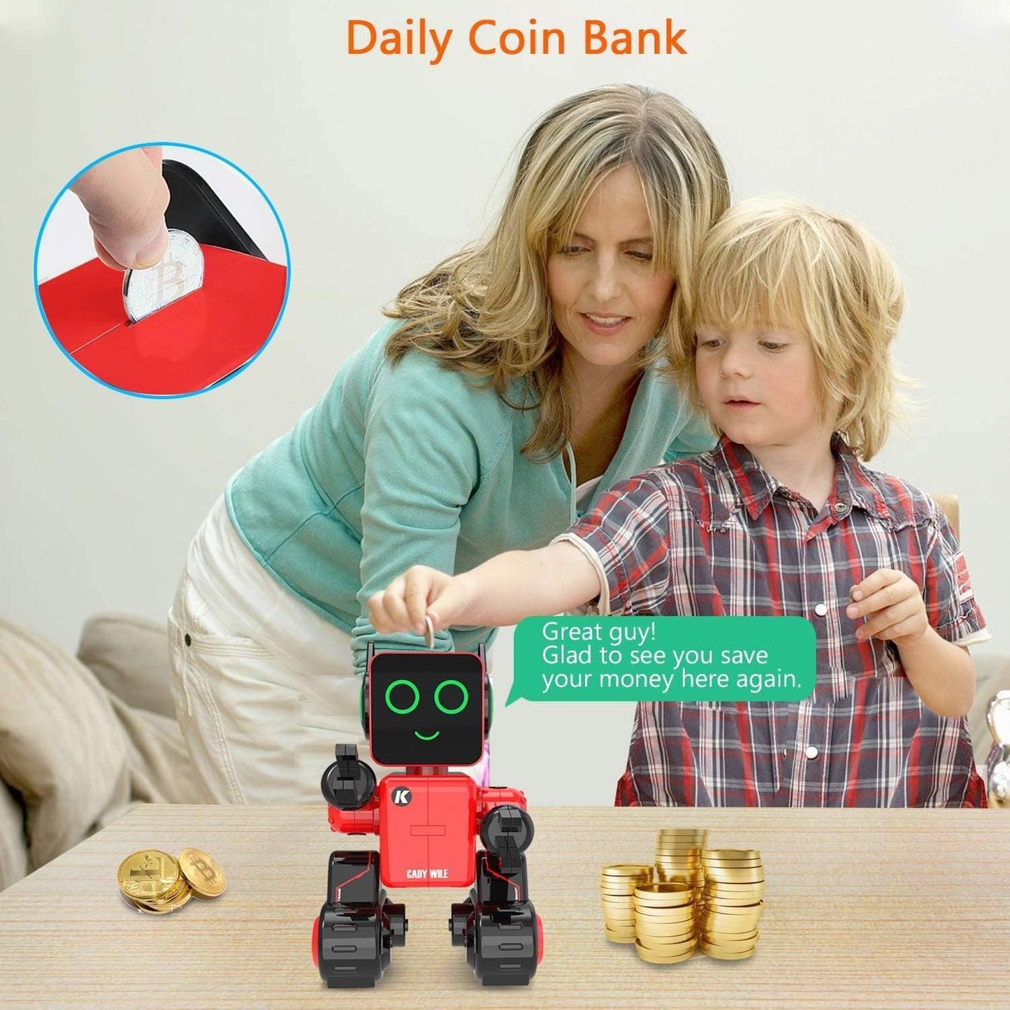 HBUDS Robots for Kids, Remote Control Robot Toy Intelligent Interactive LED Light Speaks Dance Moves Built-in Coin Bank Programmable Rechargeable RC Robotic Kit (Red)