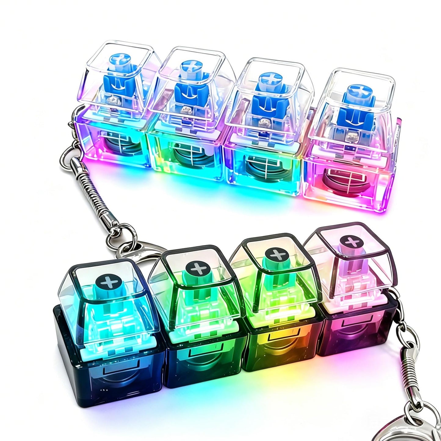 SOMAREM 2 Pack Keyboard Fidget Keychain with LED Lights, 4-in-1 Stress Relief Clicker Toy, Keyboard Button Finger Clicker for Anxiety Relief, Sensory Decompression Toy for Kids & Adults (Transparent)