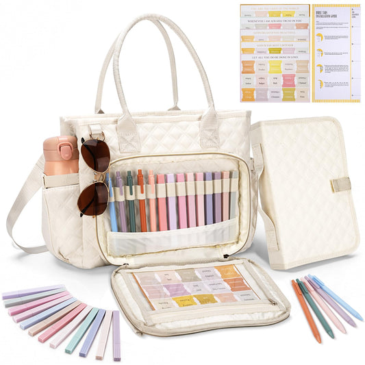 KOPKOFT Large Bible Cover Case for Women, Quilted Church Tote Bag with Shoulder Strap, Bible Study Supplies Journaling Kit Bible Accessories, Christmas Christian Gift for Women (Beige)