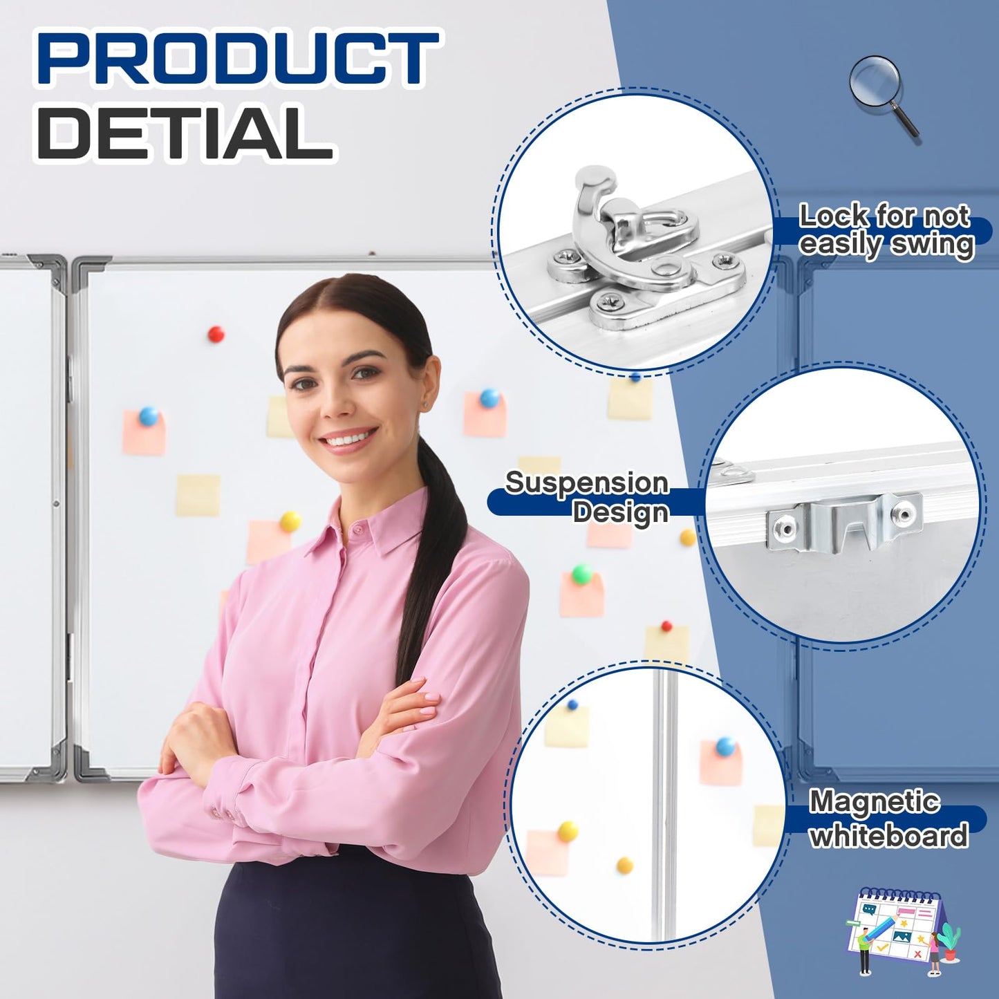AmazingSpark 72" x 24" Foldable Whiteboard Dry Erase Board Large Tri Folding Whiteboard Magnetic Dry Erase Board, Wall Aluminium Frame and Flip Out Pen Tray for Office, Home