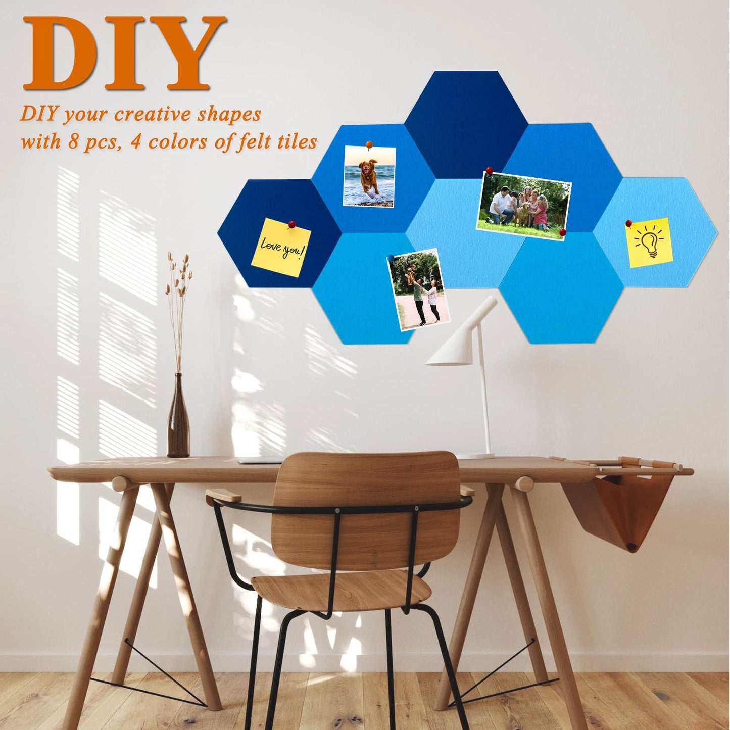 HULAVO 8Pcs Hexagon Felt Cork Board Tiles, Self Adhesive DIY Bulletin Board Pin Board for Office School Home Wall Decor Stickers Memos Photos Display (Gradual Blue)