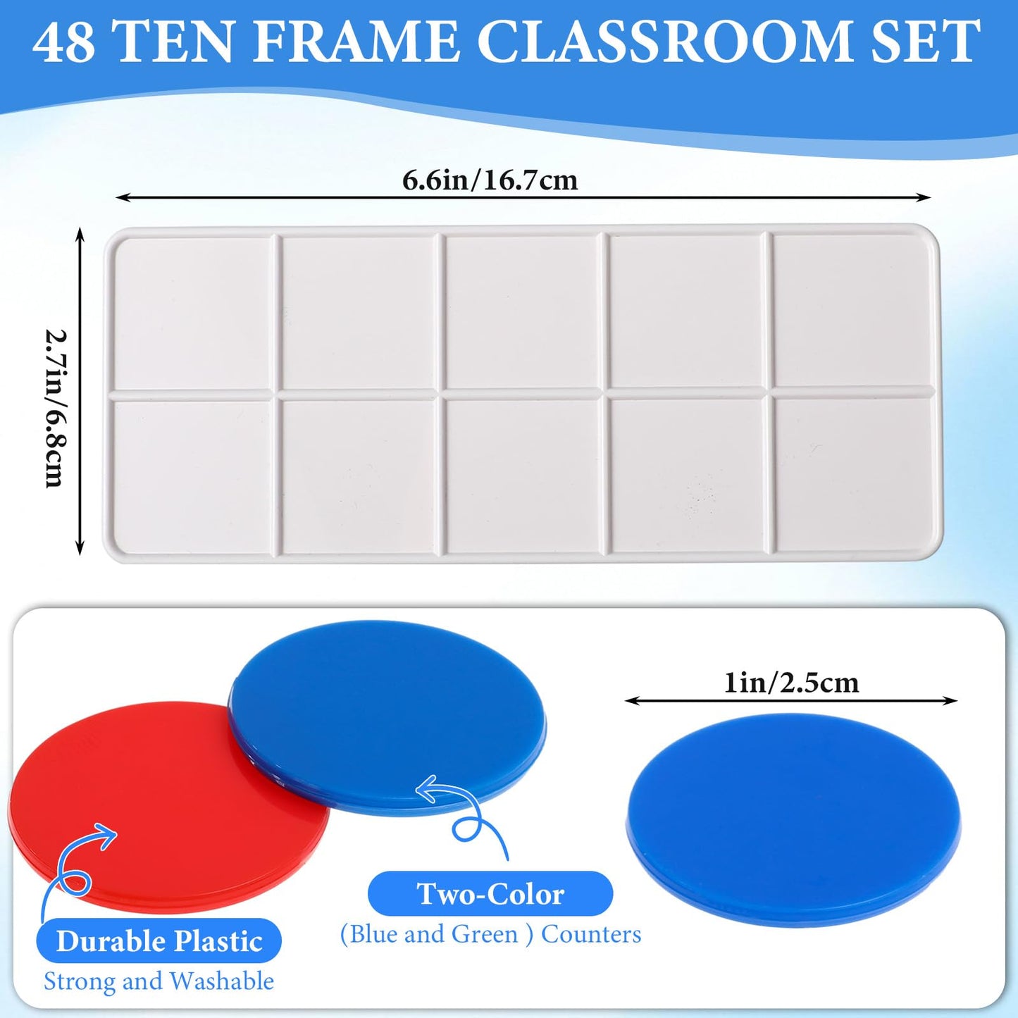 Soulchen 48 Sets Plastic Ten Frames for Classroom Math Manipulatives for Kids Classroom Math Counters Supplies Including 48 Plastic Ten Frames, 480 Counters for Teach Number Concepts (Red, Blue)