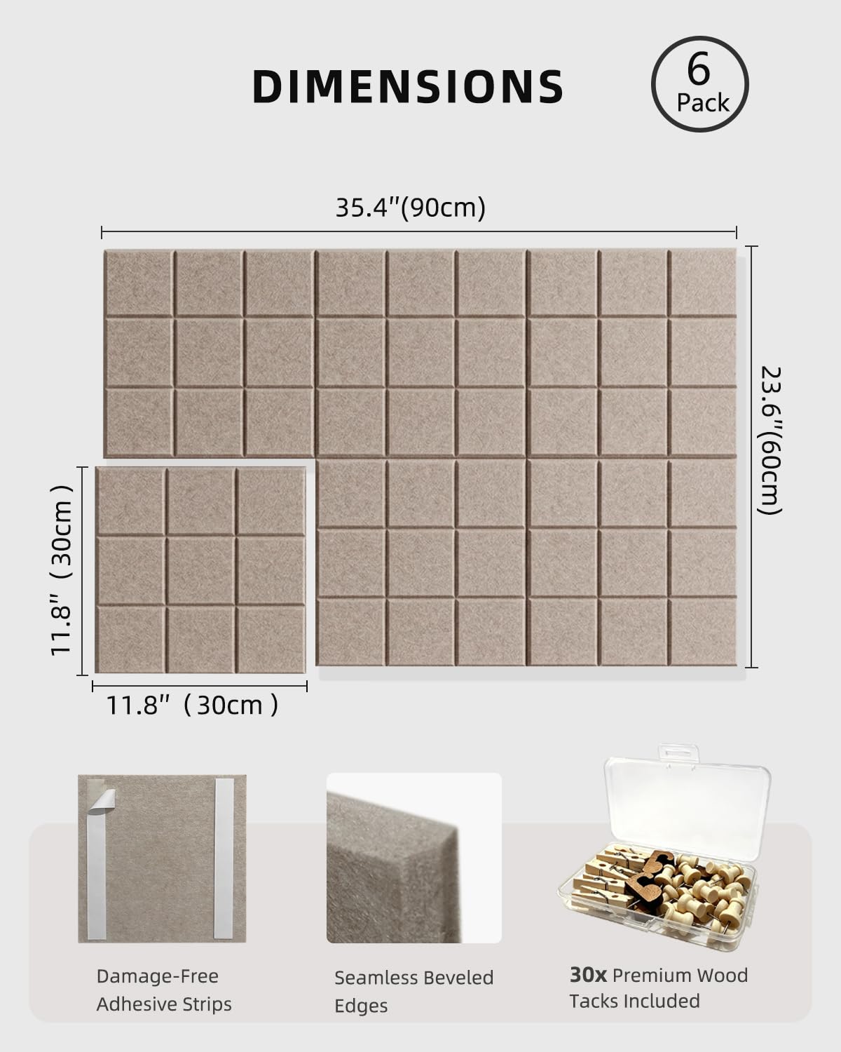 Large Felt Bulletin Board - 36" x 24" Self-Adhesive Felt Wall Tiles, Cork Boards Alternative, 6 Pack with 30 Wooden Push Pins, Cork Board for Walls, Office, Home & Classroom Decor, Pin Board - Camel