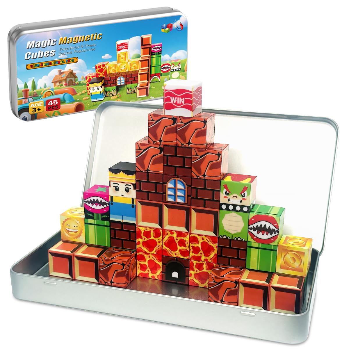 uMadeUs Magnetic Blocks Building Set - Puzzle Cubes as STEM Toys for Kids - Toddlers Sensory Construction Tiles - Ages 3+ Creative Educational Games for Boys and Girls - Mario 45pc in Tin Travel Box