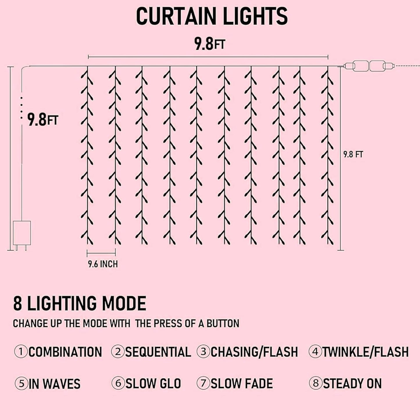 Dazzle Bright 300 LED Curtain String Lights, Waterproof, 8 Modes, Pink, Model CL-300CC