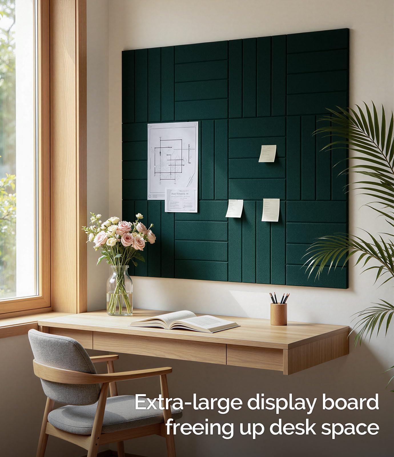 Bounmer Large Cork Board Alternative 48“ x 36”, 12-Pack Felt Bulletin Board Tiles with 60 Safe Removable Adhesive Tabs & 30 Pushpins, Cork Boards for Office Walls Decor (Pine Green)