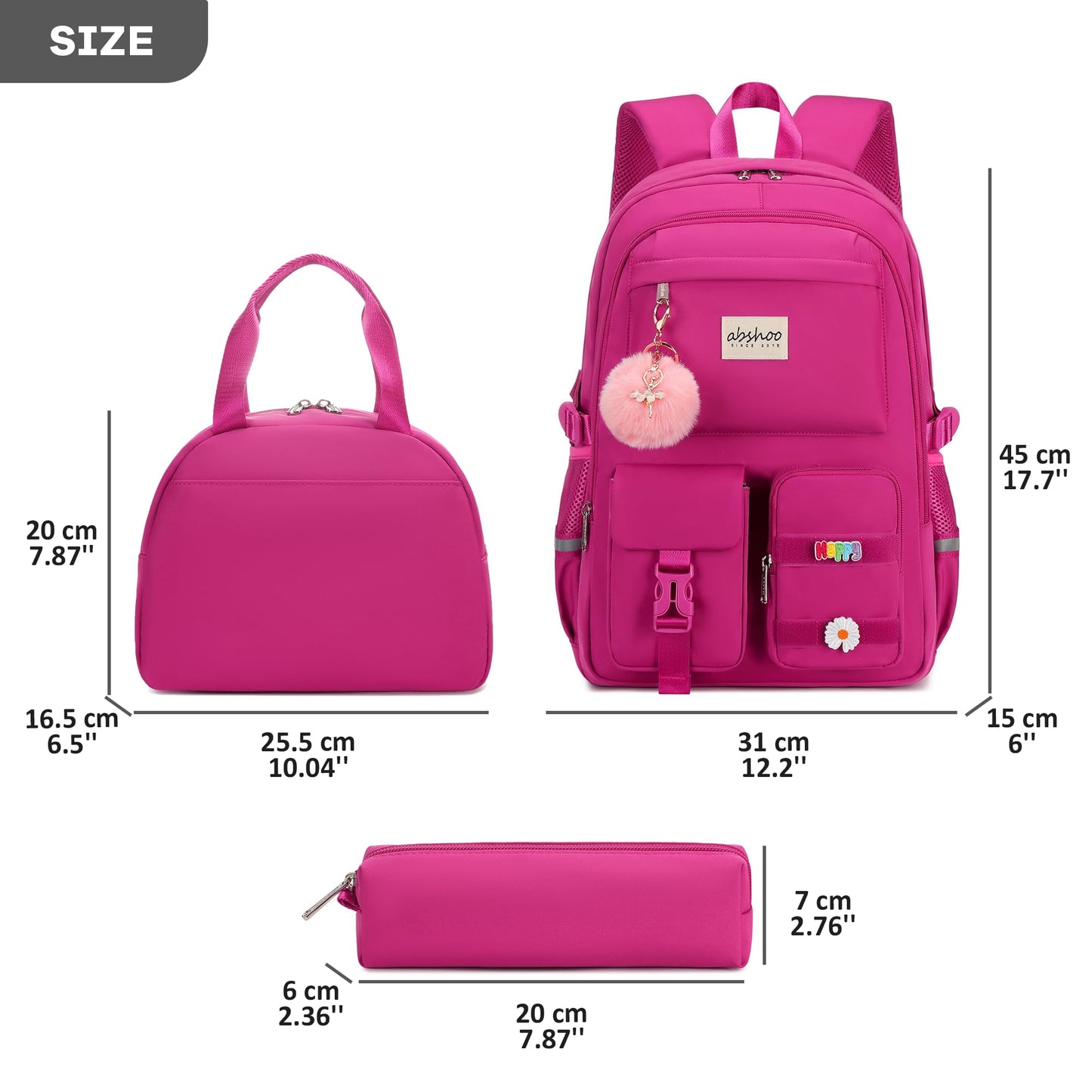 abshoo School Backpack for Girls Bookbag with Lunch Bag Teen Girls School Bag Travel Daypack (Hot Pink)
