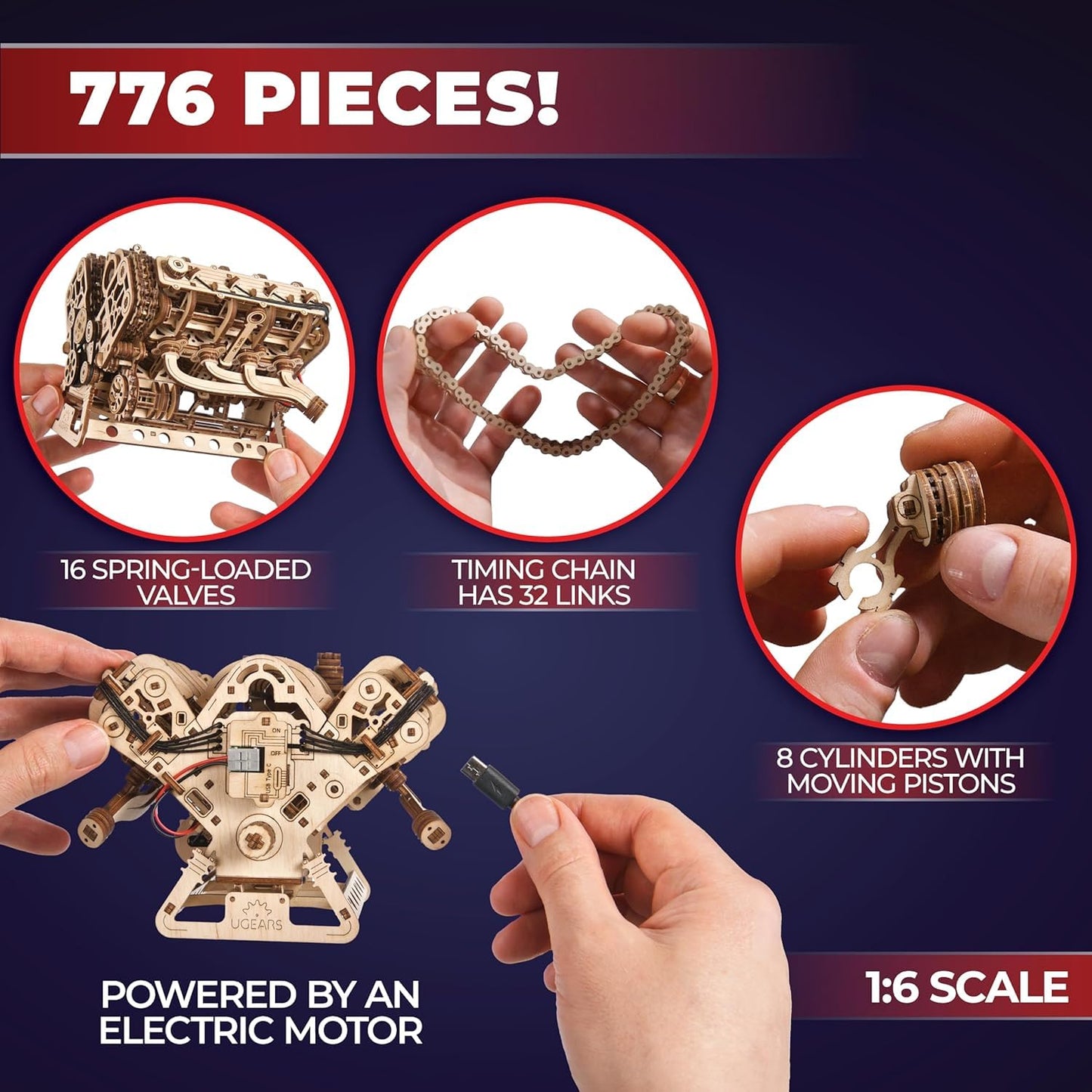 UGEARS V8 Engine Model Kit - 3D Wooden Puzzles for Adults, 3D Puzzle Model Engine Kit, DIY Kits Gifts for Engineers for Fathers Day, Wooden Model Kits for Adults to Build, Brain Teaser Hobby Set