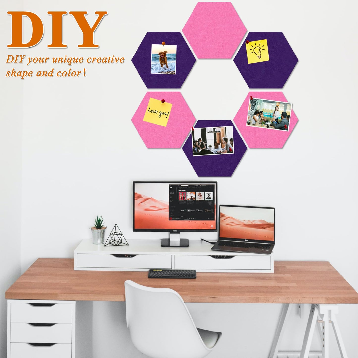 HULAVO Large Hexagon Felt Cork Board Tiles, Self Adhesive DIY Felt Bulletin Board Pin Board with 35 Pushpins for Office School Home Wall Decor Stickers Memos Photos Display(Purple+Pink)